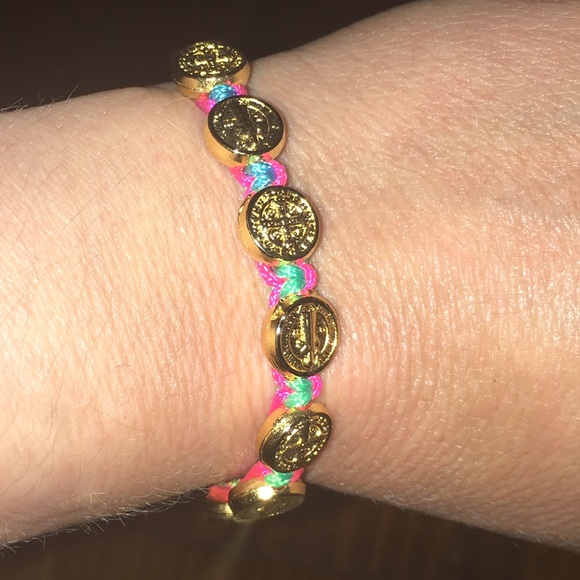 St Benedict Gold Medallion Multicolor Rainbow Adjustable Unisex Bracelet NEW - Picture 2 of 3
